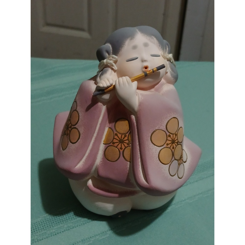 Hakata Urasaki Japanese Clay Doll Flute Player Pink‎ Kimono Figurine 4.5 inch